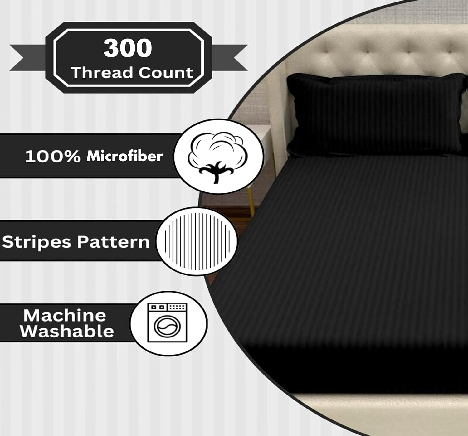 Striped Single Bedsheet With 1 Pillow Cover 60 X 90 Inches, Black | Comfortable & Durable | Elegant Printed Bedding Set For Daily Use