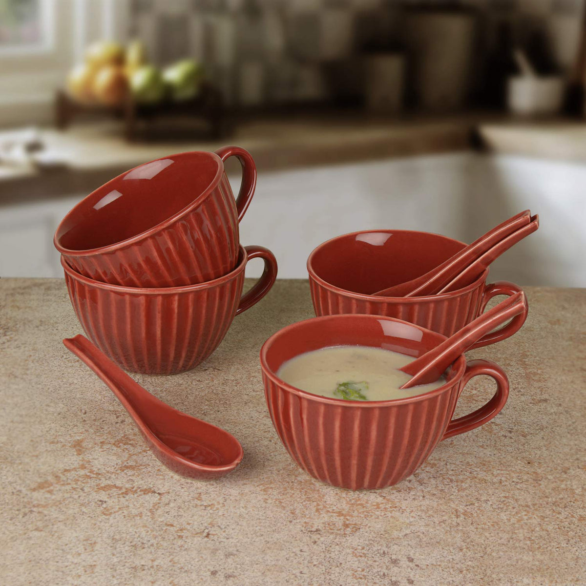 Studio Pottery Hand Glazed Ceramic Soup Cup With Spoon Set Of 4 - 300ml Each, Cherry Red | Cereal Cups - Maggi Serving Bowls