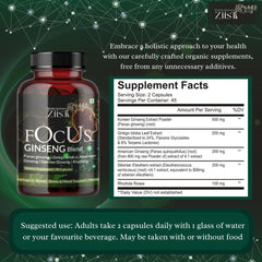 Ziist Focus Ginseng Blend Panax, Ginseng Ginkgo Bilobal American, Siberian Ginseng, Rhodiola Dietary Supplement | 90 Capsules 150gm 0.3lbs