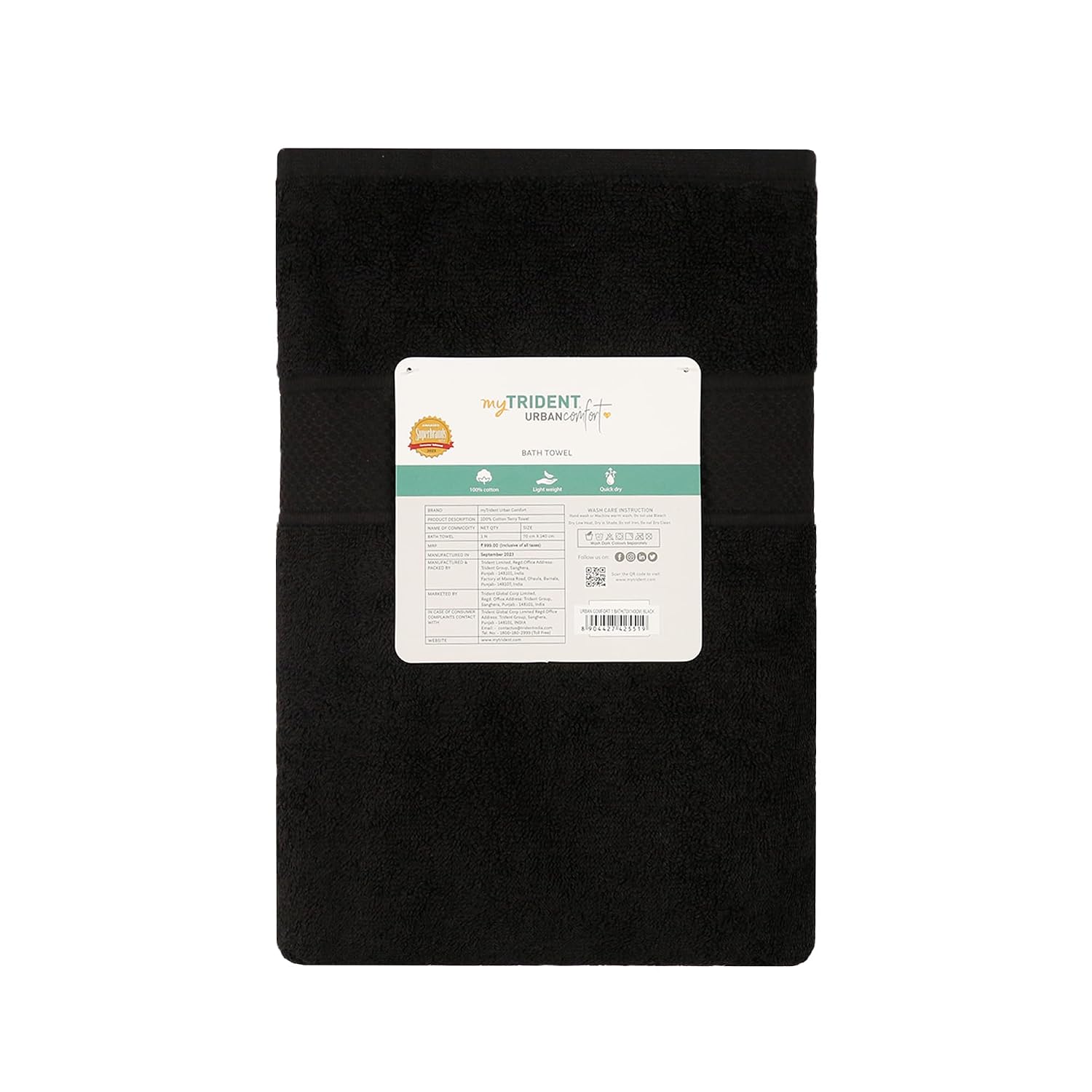 Trident 100% Cotton Large Size Bath Towel Soft & Absorbent 450 Gsm | Urban Comfort (Black)