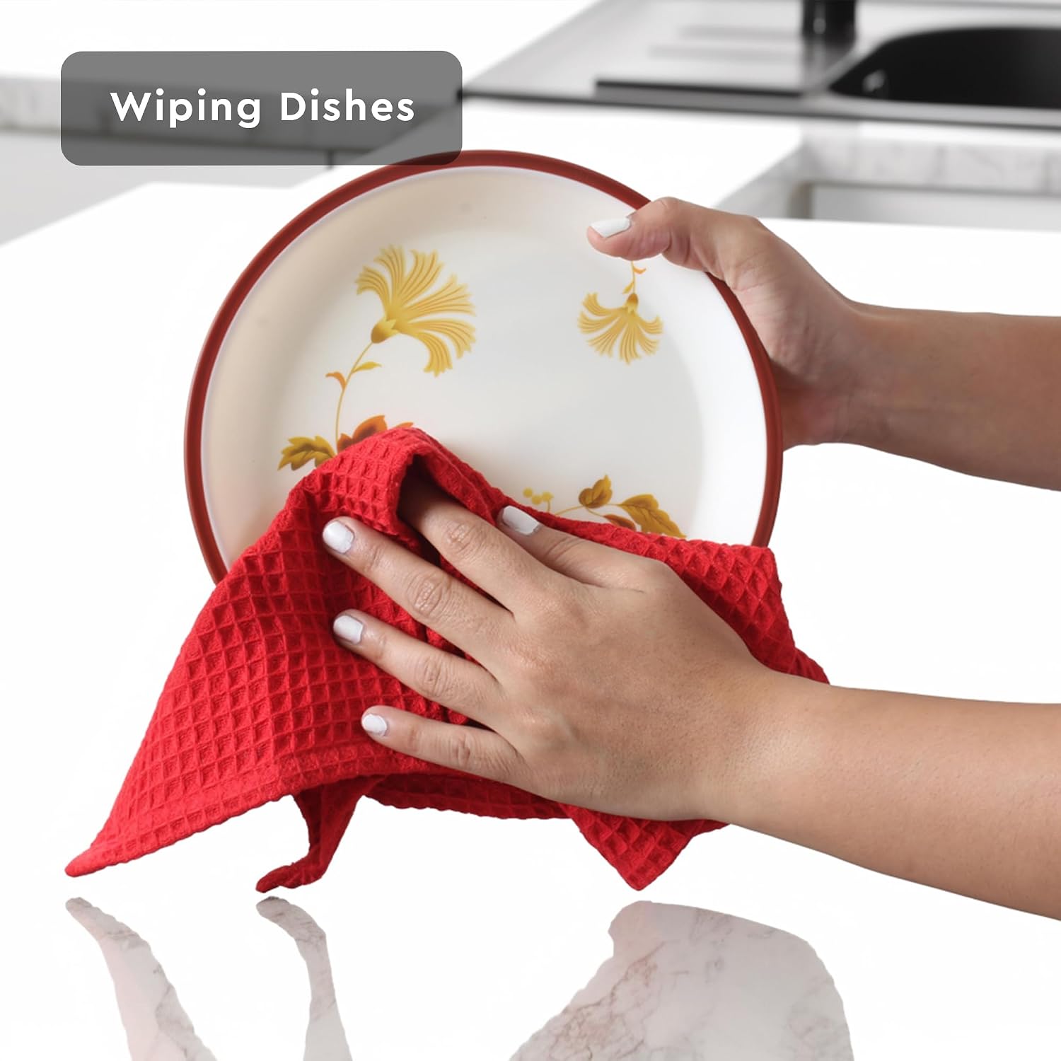 Encasa Xo Kitchen Dish Towels Set 320 Gsm | Waffle Weave & Flat Hand Tea Towel | Quick Drying Reusable Cotton Washcloths | Set Of 4 (Red)