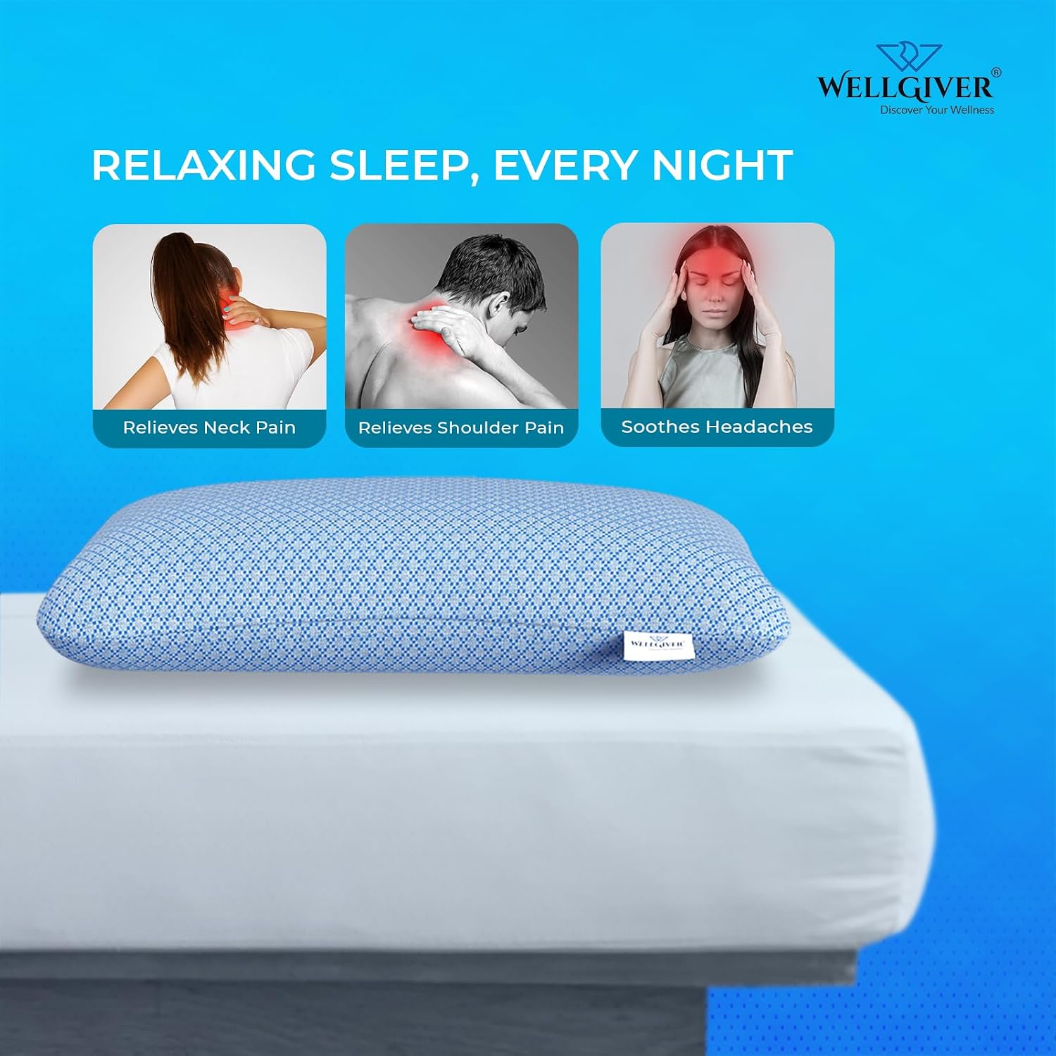 Premium Pillow For Sleeping, Shredded Memory Foam Pillow, Blue, Standard Size - 27 X 17 Inch | For Side, Back, Stomach Sleepers | Washable, Blue Jacquard Cover, Neck Support - Pack Of 1