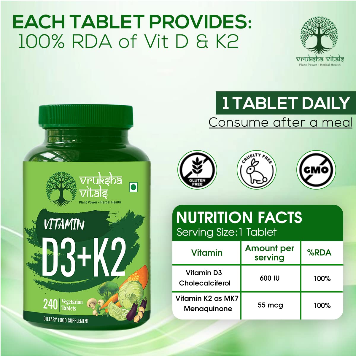 Vruksha Vitals Vit D3 & K2 100% Rda, For Adults & Kids - Plant Based Vitamin D3 600 Iu & Vitamin K2 As Mk7 55 Mcg | 240 Vegan Tablets, 250gm 0.5lbs