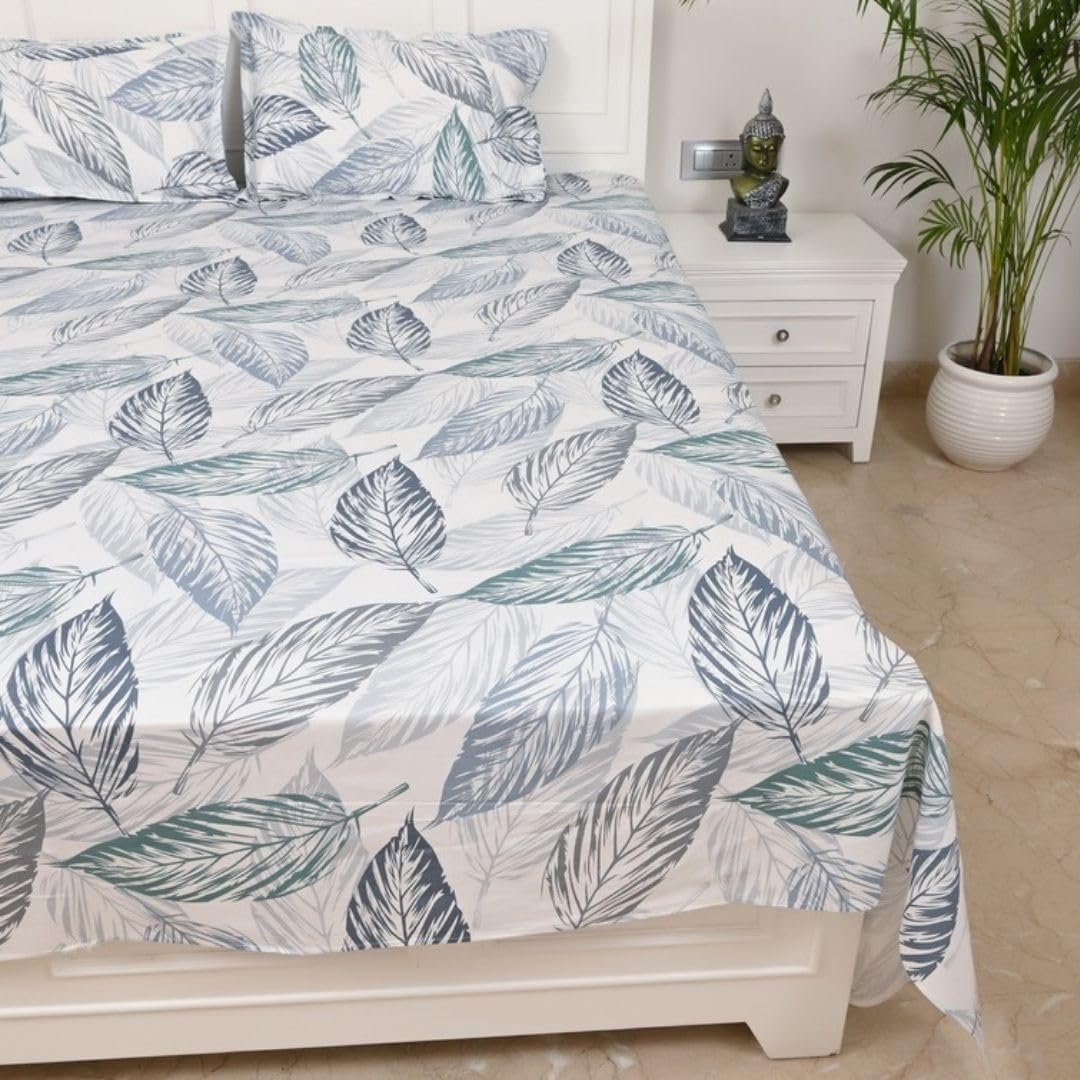 Queen Size Pure Cotton Bedsheet With 2 Pillow Covers | 90 × 100 Inches, Blue & White | Soft Breathable Floral Design Bedding | Comfortable Sleep All Year