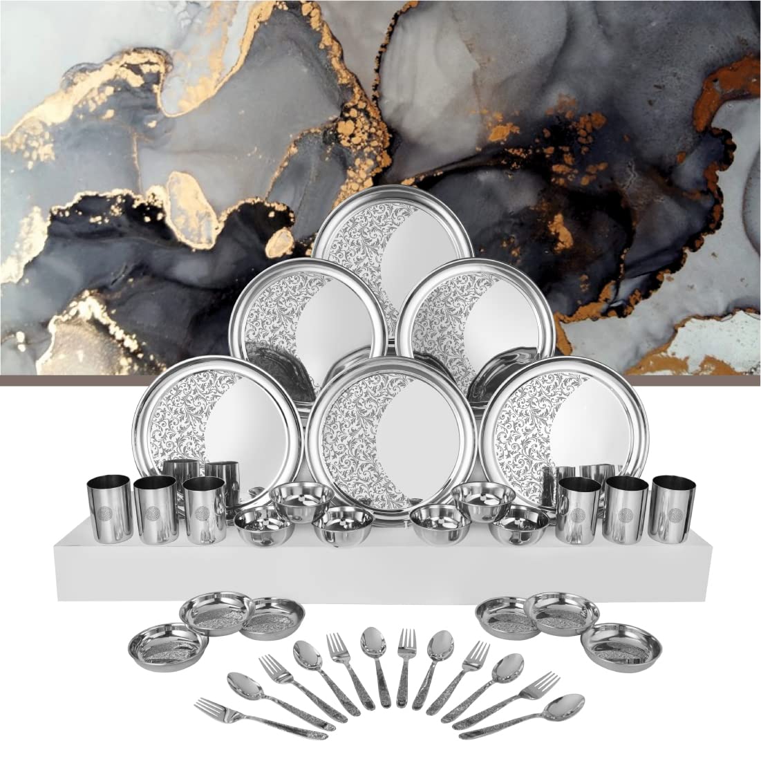 Designer Stainless Steel Shagun Laser Bloom Dinner Set Of 36 Pieces, Silver | 6 Dinner Plate+ 6 Glass+ 6 Bidding Bowl+ 6 Pudding Bowl+ 6 Dinner Spoon+ 6 Dinner Fork