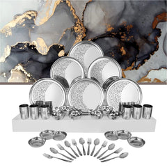 Designer Stainless Steel Shagun Laser Bloom Dinner Set Of 36 Pieces, Silver | 6 Dinner Plate+ 6 Glass+ 6 Bidding Bowl+ 6 Pudding Bowl+ 6 Dinner Spoon+ 6 Dinner Fork