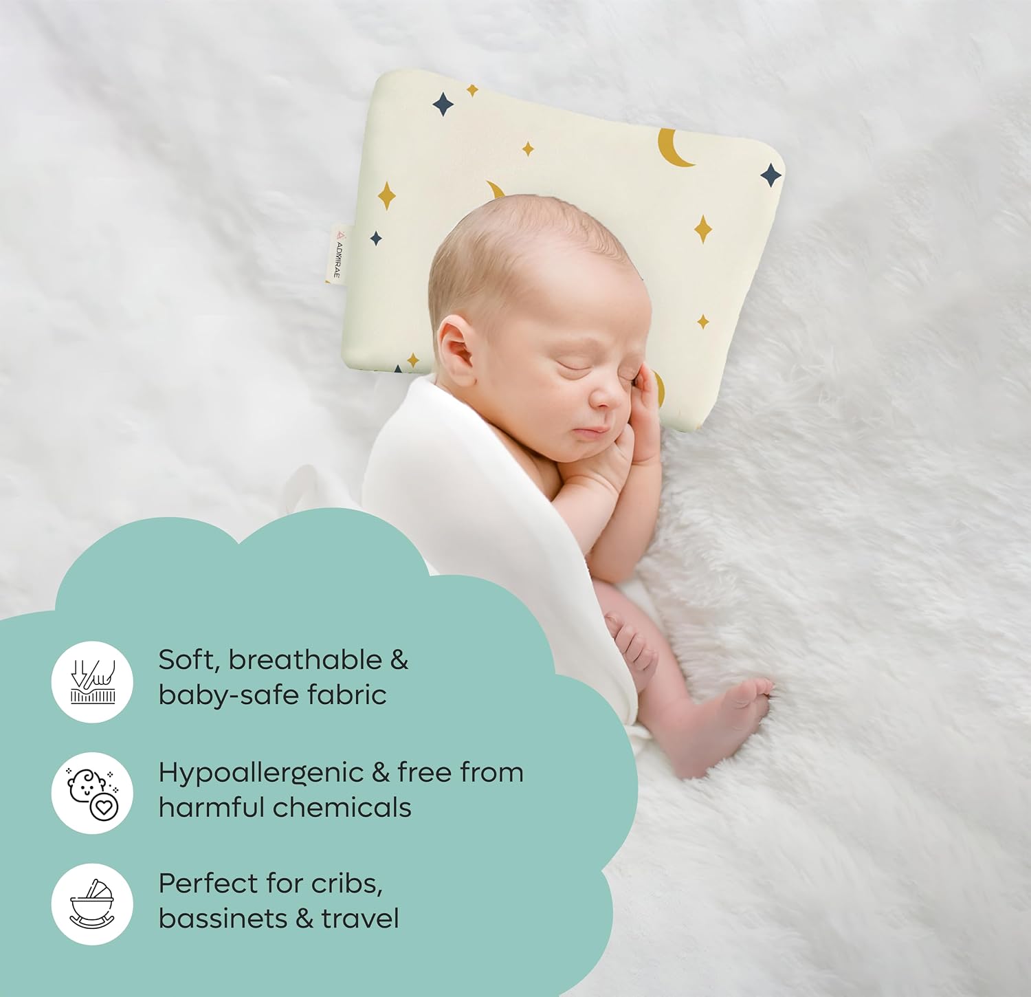 Premium Head Shaping Memory Foam Pillow, Moon & Stars Print - 33 X 23 X 4 Cm | Ultra-Soft & Breathable Fabric Pillow | Lightweight & Portable, Rectangle Deigns, Baby Pillow - 1 Piece