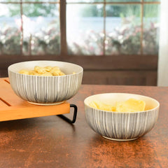 Hand Painted Black Brush Ceramic Serving Bowls Set Of 2 - 325ml Each, Black & White | Salad Bowls, Maggie Bowls - Microwave & Dishwasher Safe Vegetable, Pasta, Snack Serving Bowls