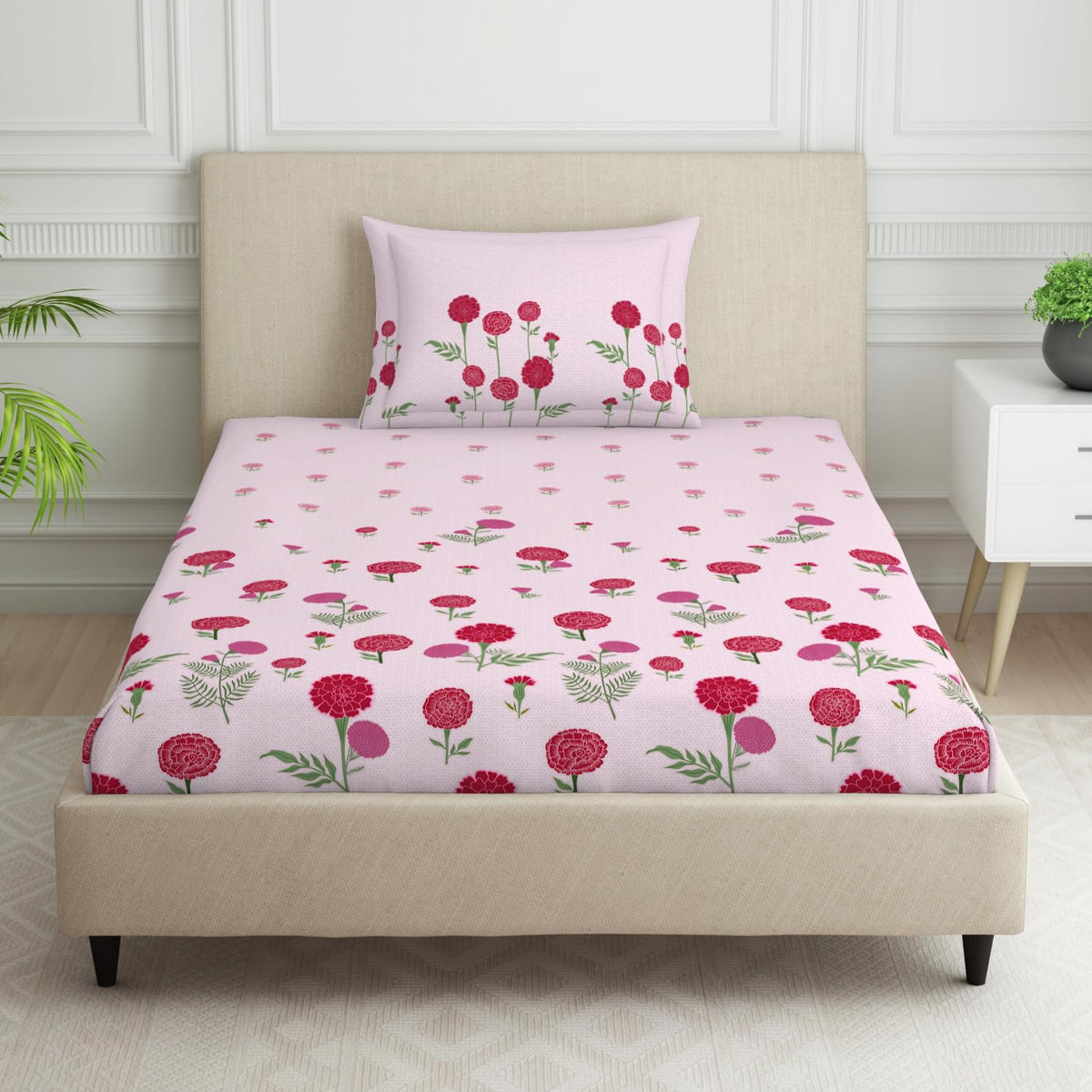 Single Bedsheet With 2 Pillow Covers (Size 60 X 88 Inches) Light Pink | 144 Thread Count Lightweight, Soft, Skin Friendly - Everyday Use Cotton Bedsheet