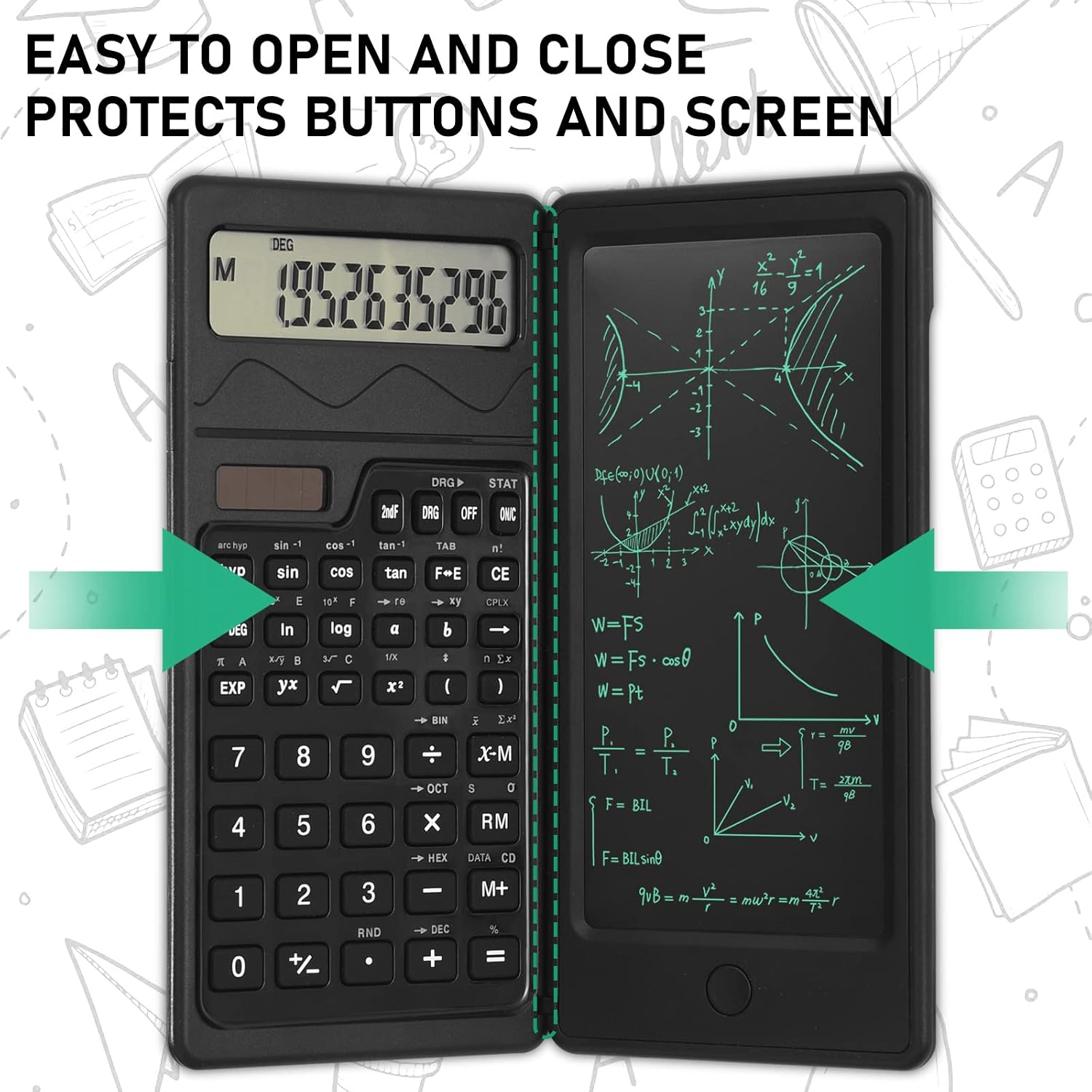 EooCoo Scientific Calculator For Students & Erasable LCD Writing Board Tablet, Math Calculator With Notepad,10 Digit, Solar Battery, Slim Portable, Suitable For School, College, Office, Black