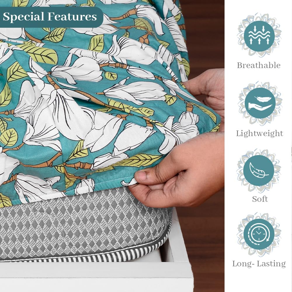 Double Bedsheet For Queen Size With 2 Pillow Covers - 60 X 78 Inches, Aspen Green | All Around Elastic Fitted Soft, Lightweight & Breathable Cotton Bedsheet