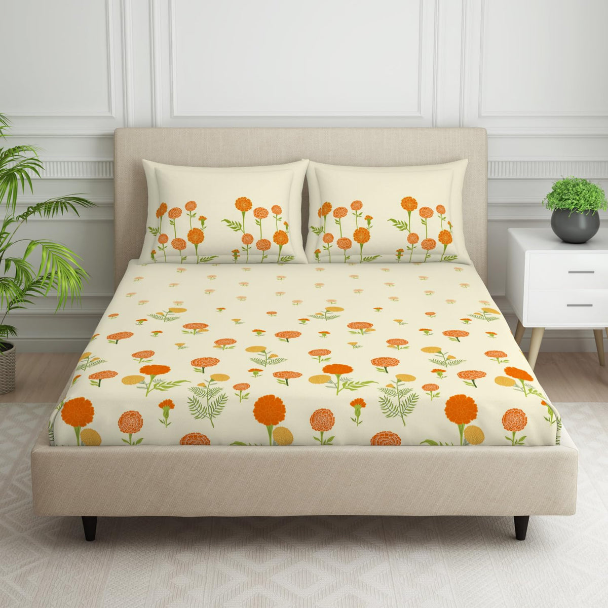 Double Bedsheet With 2 Pillow Covers (Size 88 X 100 Inch) Cream | Breathable Pure Cotton Queen Size Bedsheet | Floral Design Bedsheet