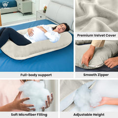 Full Body J Shape Pregnancy Pillow For Women, Maternity Pillow, Cream Color | Pillow Gift For Pregnancy Sleeping, Premium Velvet Cover With Zip | Adjustable & Washable Pillow