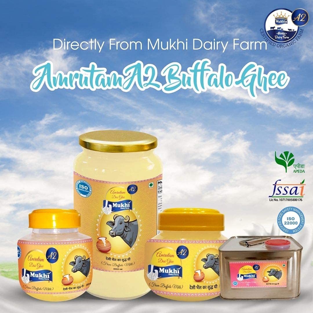 Natural Premium Amrutam A2 Desi Buffalo Ghee By Mukhia | Delicious Healthy & Nutritious Buffalo Desi Ghee Good For Frying | (1 Litre) 33.8 Ounce | Jar Pack