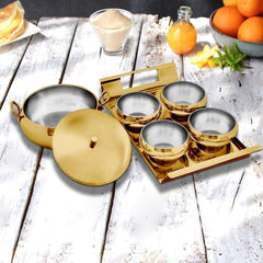 Stainless Steel Farm House Serving Set, Golden | 1 Big Serving Bowl With Lid, 1000ml + 4 Small Bowls+ 1 Tray