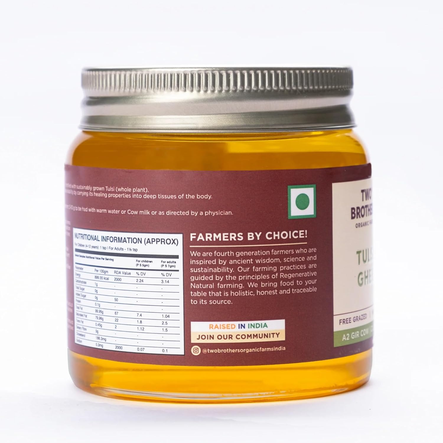 100% Pure A2 Gir Cow Tulsi Ghee By Two Brothers Organic Farms | Rich In Nutrients Healthy & Protein Fiber Desi Ghee Perfect For Desserts | (250ml) 8.4 Ounce | Jar Pack