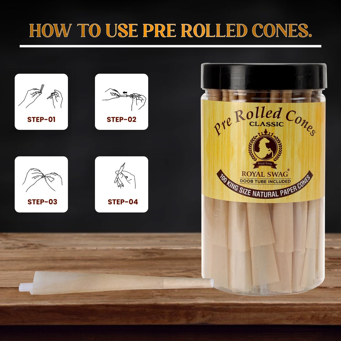 Royal Swag Pre-Rolled Cones Classic King Size Rolling Papers With Filter Tips - 110mm Long Cones Party Pack - 100 Count Ready To Use Cones - Includes Fiber Doob Tube Reusable