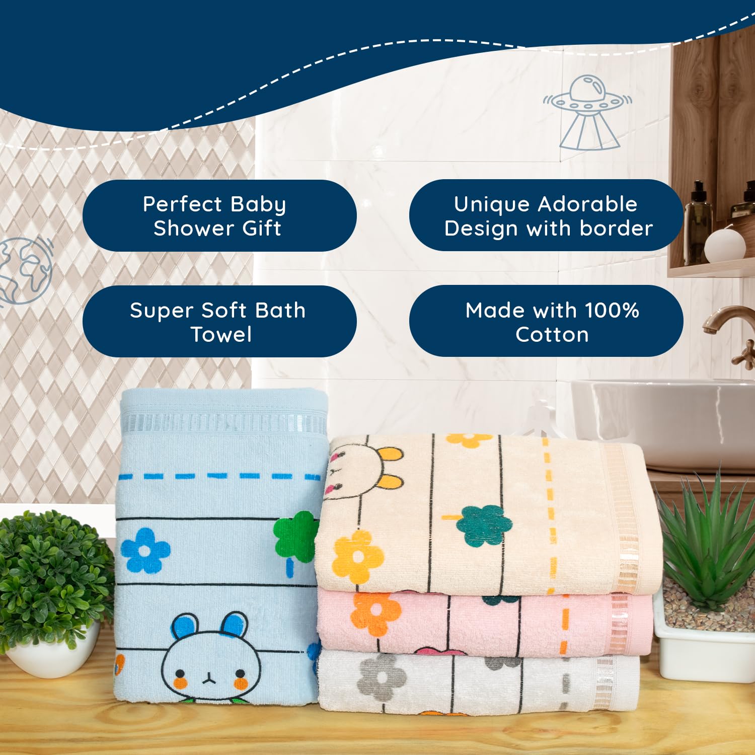 Rangoli 100% Cotton Baby Bath Towel 1200 Gsm | Super Soft & Highly Absorbent, Anti-Bacterial, Multipurpose Towels (Multicolor) - Pack Of 4