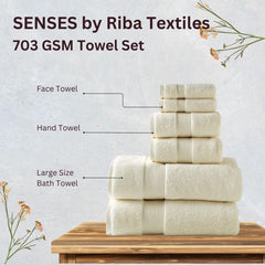 Senses By Riba Cotton Towel Bath, Hand & Wash 703 Gsm | All Cotton Zero Twist Premium Hotel & Spa Quality Highly Absorbent | Pack Of 6 (Ivory)