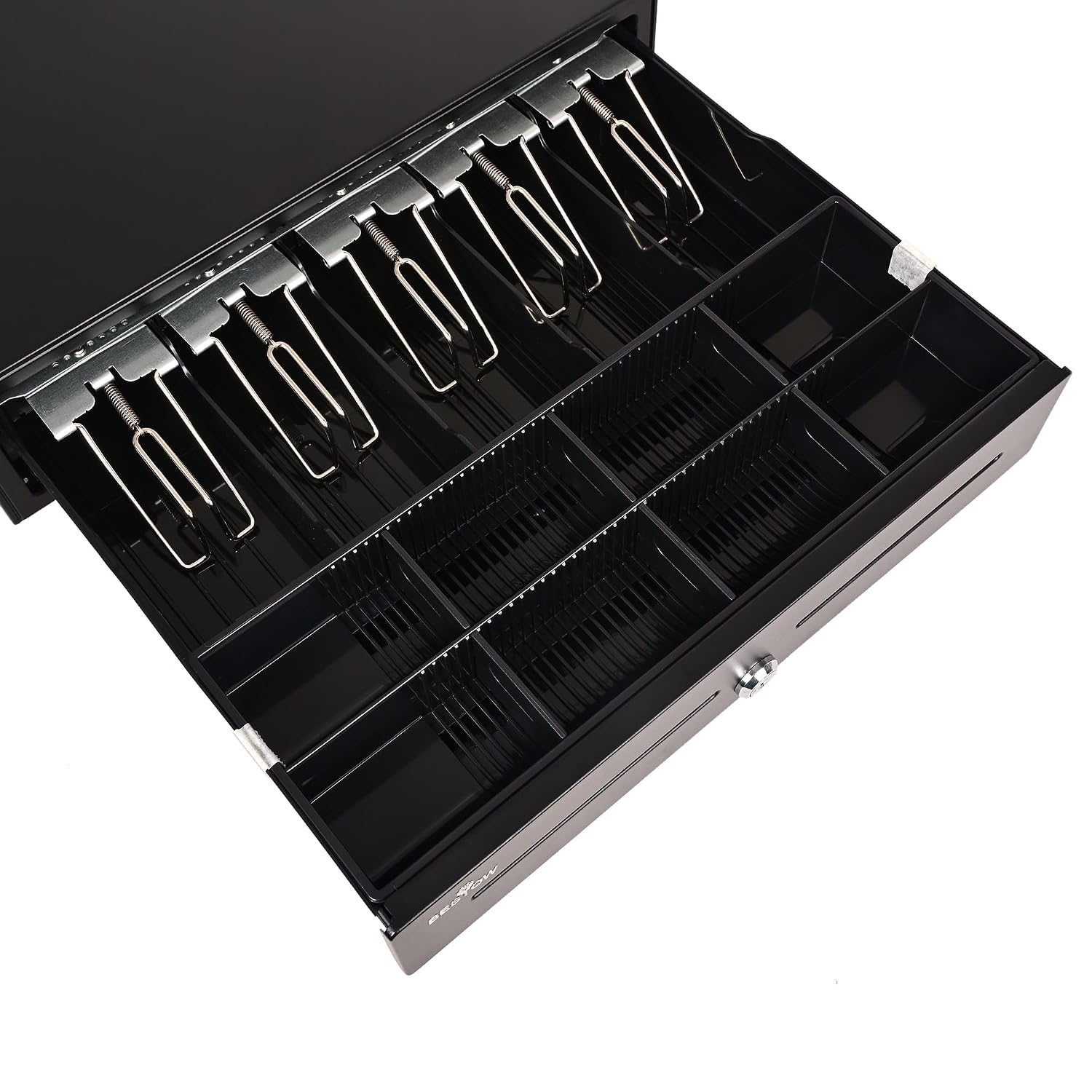 Cash Drawer For Shop Counter Point Of Sale Billing System Electronic & Manual Key Lock, Office Mall Stainless Steel Material Cash Box 5 Note 8 Coin Cash Currency, Colour - Black