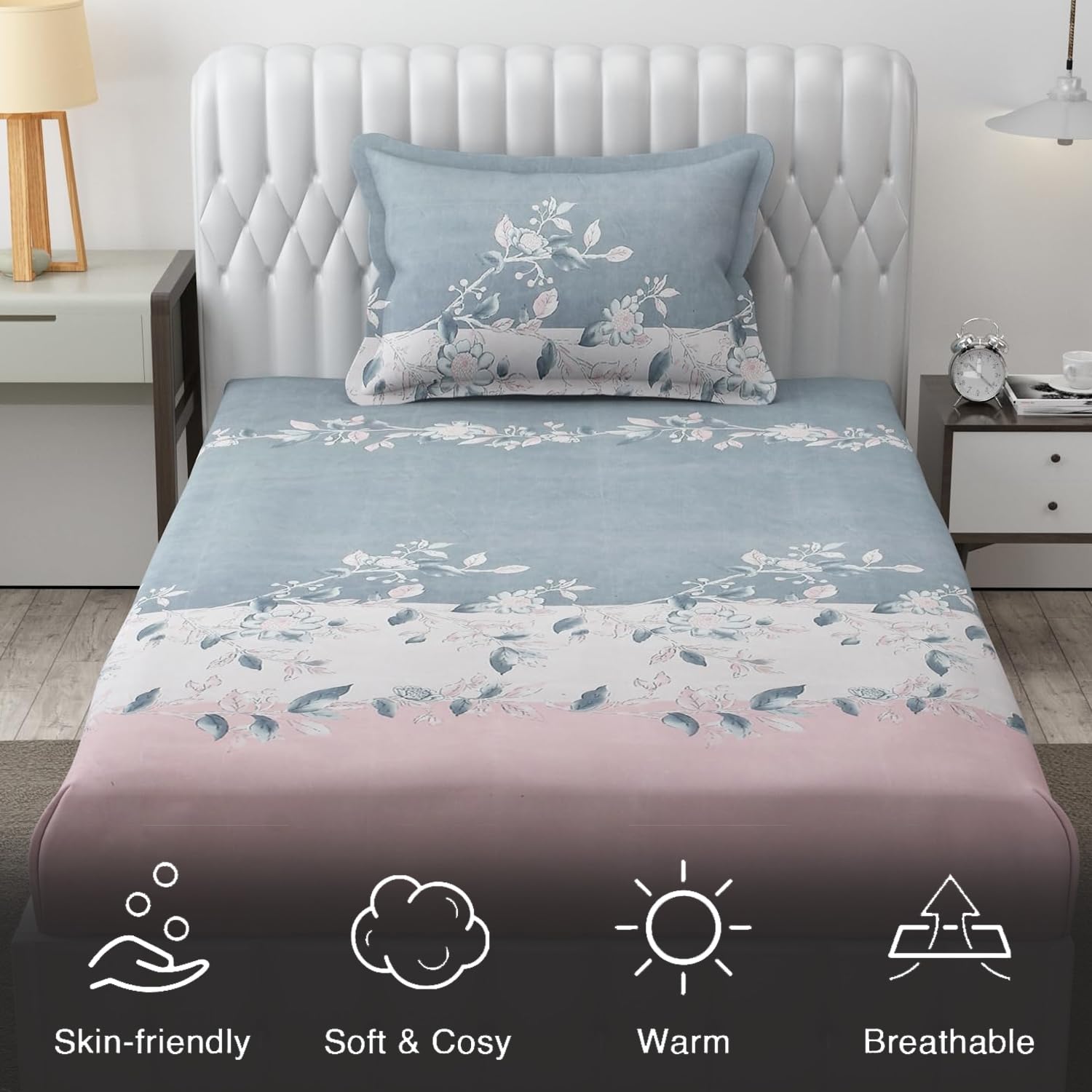 Microfiber Single Bedsheet Set With 1 Pillow Covers (60 X 90 Inches) Grey & Pink | Durable & Long-Lasting | 144 Thread Count | Wrinkle Free