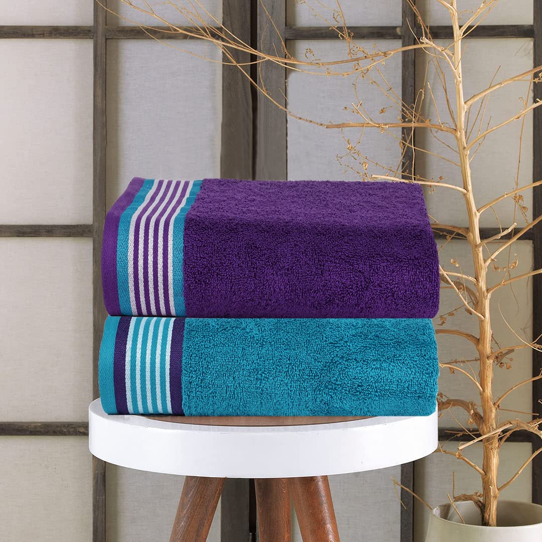Casa Copenhagen Germany Design 100% Cotton 2 Pieces Large Bath Towel 850 Gsm - Violet Indigo & Teal Green