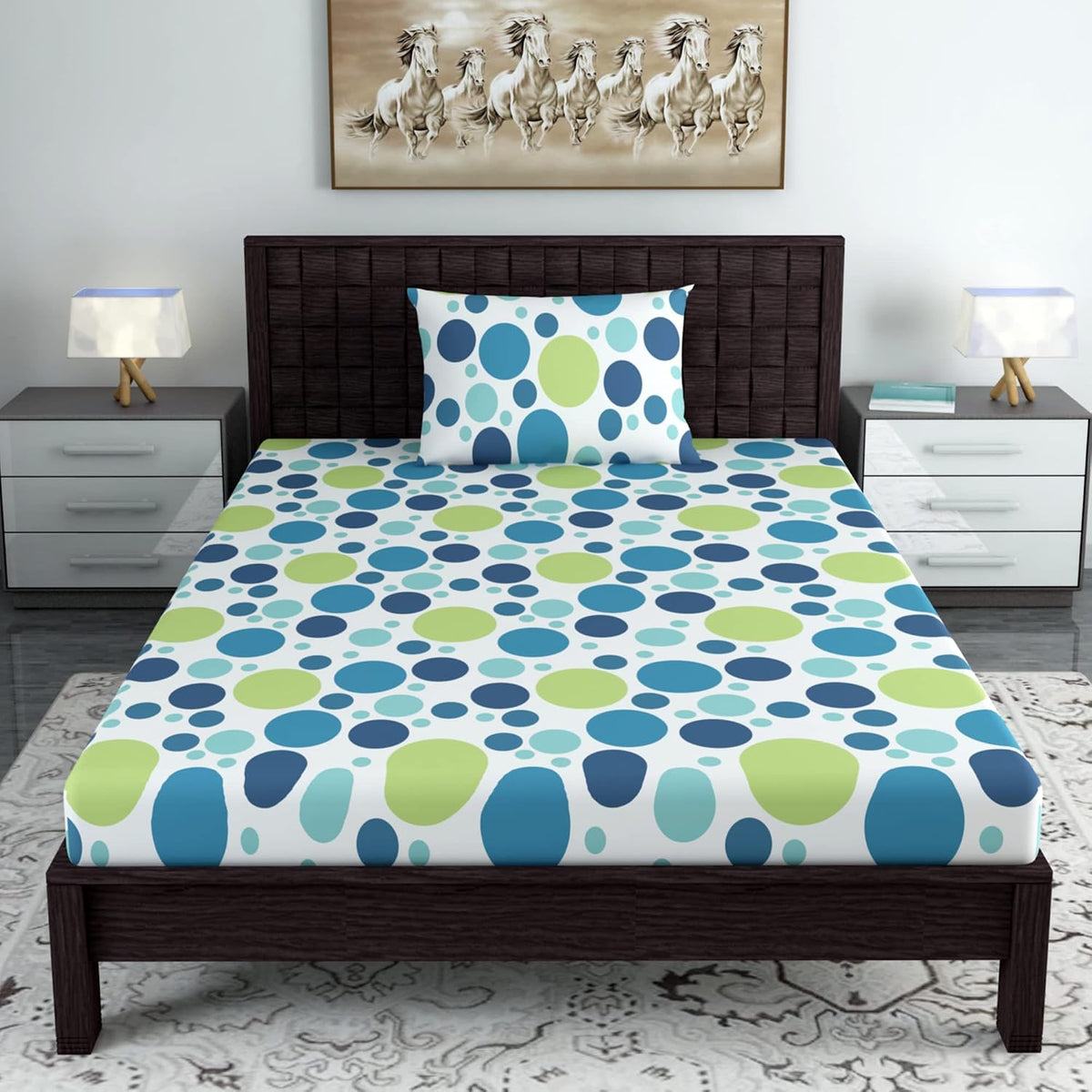 Single Bedsheet With 1 Pillow Cover - 57 X 87 Inches, White & Blue | Designer Printed Bedsheet Set - Naturally Soft, Breathable & Skin Friendly