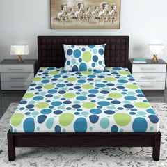 Single Bedsheet With 1 Pillow Cover - 57 X 87 Inches, White & Blue | Designer Printed Bedsheet Set - Naturally Soft, Breathable & Skin Friendly
