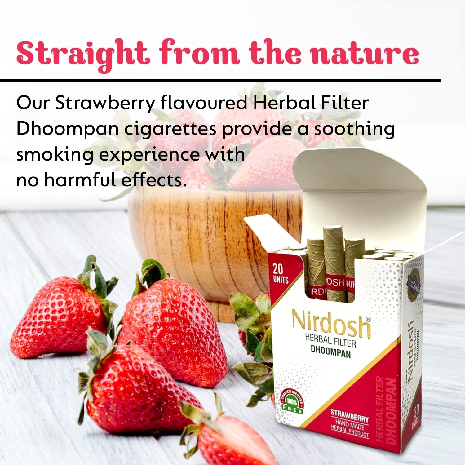 Strawberry Flavored Herbal Filter Dhoompan Sticks - Pack Of 2X 20 Pcs Herbal Cigarette | Bidi Sticks Rolled In Tendu Leaves, Non-Addictive Sticks - Tobacco Free & Nicotine Free