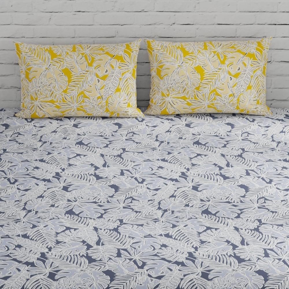 Grey & Yellow King Size Bedsheet With 2 Pillow Covers - 108 X 108 Inches | Cotton Bed Sheets Are Easy To Wash And Maintain At Home