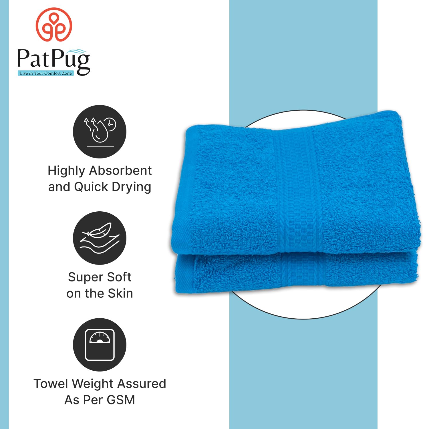 Patpug 100% Indian Ultra Soft Cotton Hand Towel 500 Gsm | For Gym, Workout, Yoga, Wash Basin (Turquoise Blue) -2 Piece