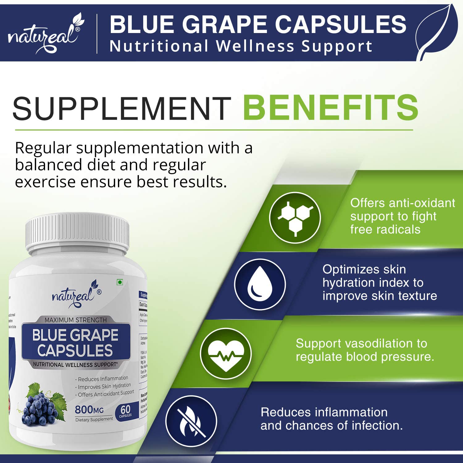 Natureal Blue Grape Capsules Reduce Inflamation Extract 800mg Capsules For Overall Wellness & Healthy Skin, Anti - Inflammtory & Antioxidant | 60 Capsules 100gm 0.2lbs Each Pack Of 3