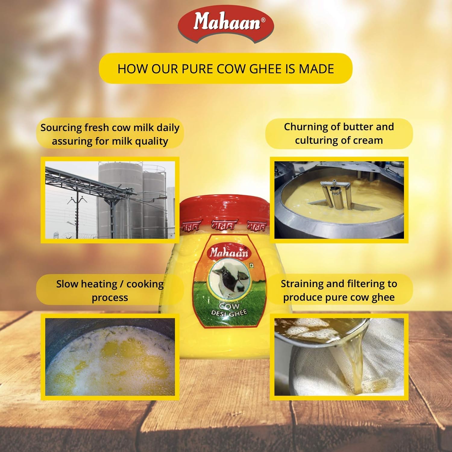 Organic Natural Desi Cow Ghee By Mahaan | Good Source Of Energy Healthy & Nutrients Desi Cow Ghee For Cooking | (1 Litre) 33.8 Ounce | Jar Pack