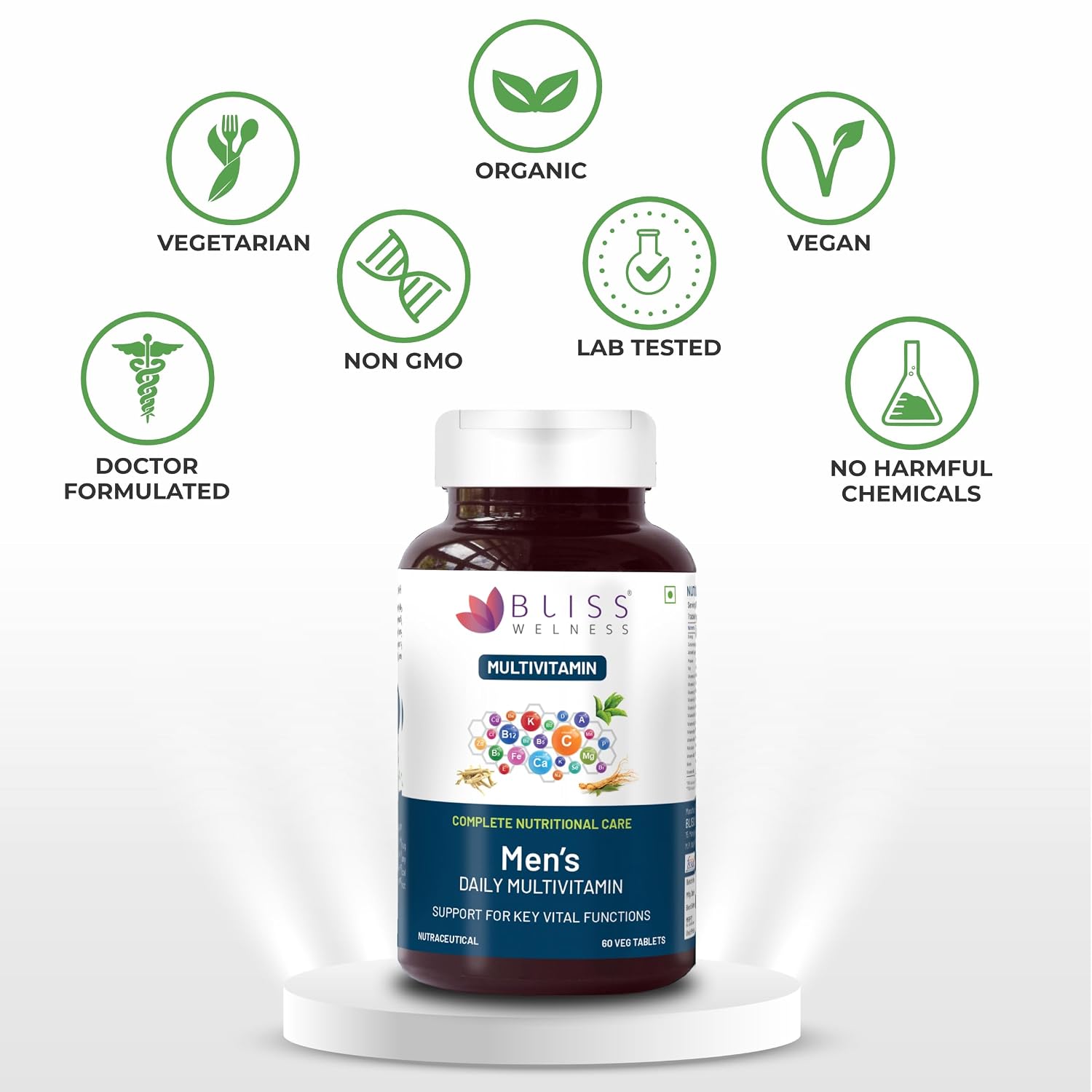 Bliss Welness Men's Daily Multivitamin With Vitamins , L Arginine, Amino Acid Blends, Ashwagandha & Ginseng Extract For Immunity, Joint, Stamina & Recovery | 60 Tablets , 100gm 0.2lbs