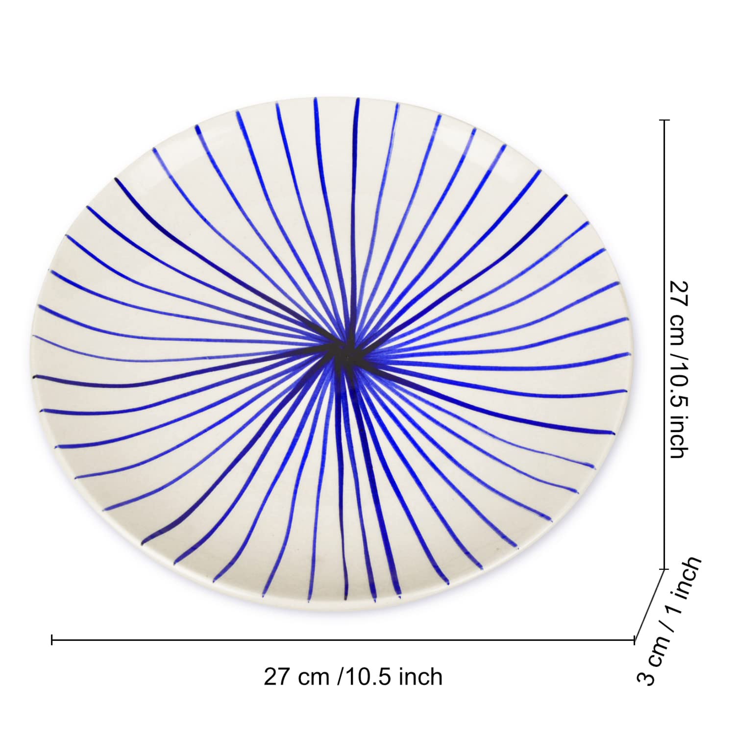 Ceramic Striped Dinner Serving Plates Set Of 6 - White & Blue, Diameter: 10 Inches | Ceramic Full Plates - Blue Kasa Line