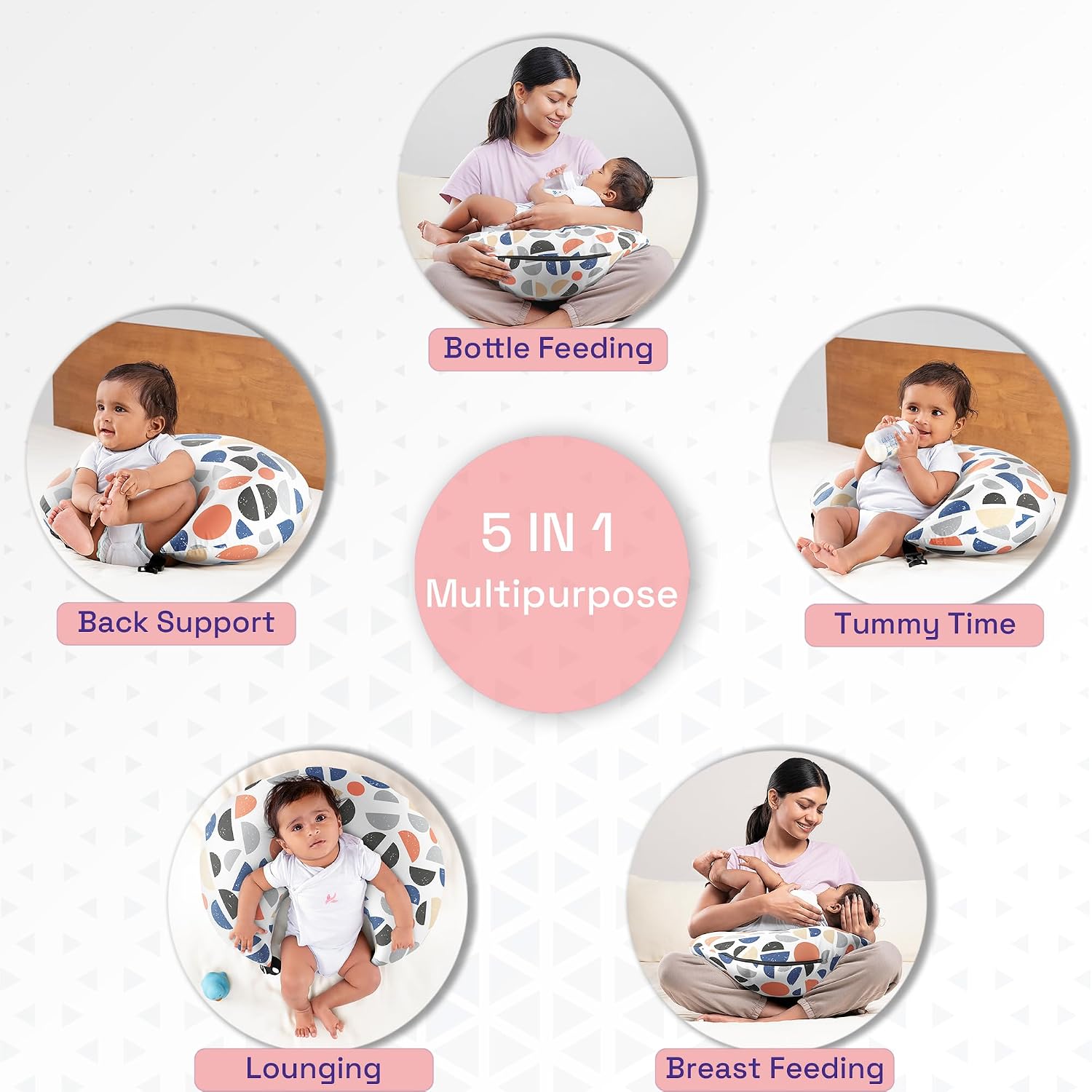 Feeding Pillow For New Born Baby, 5 In 1 Multipurpose Use, Nursing Pillow, White | Pillow For Breastfeeding With Cotton Removable Cover | Easy To Clean, For Back & Shoulders Support