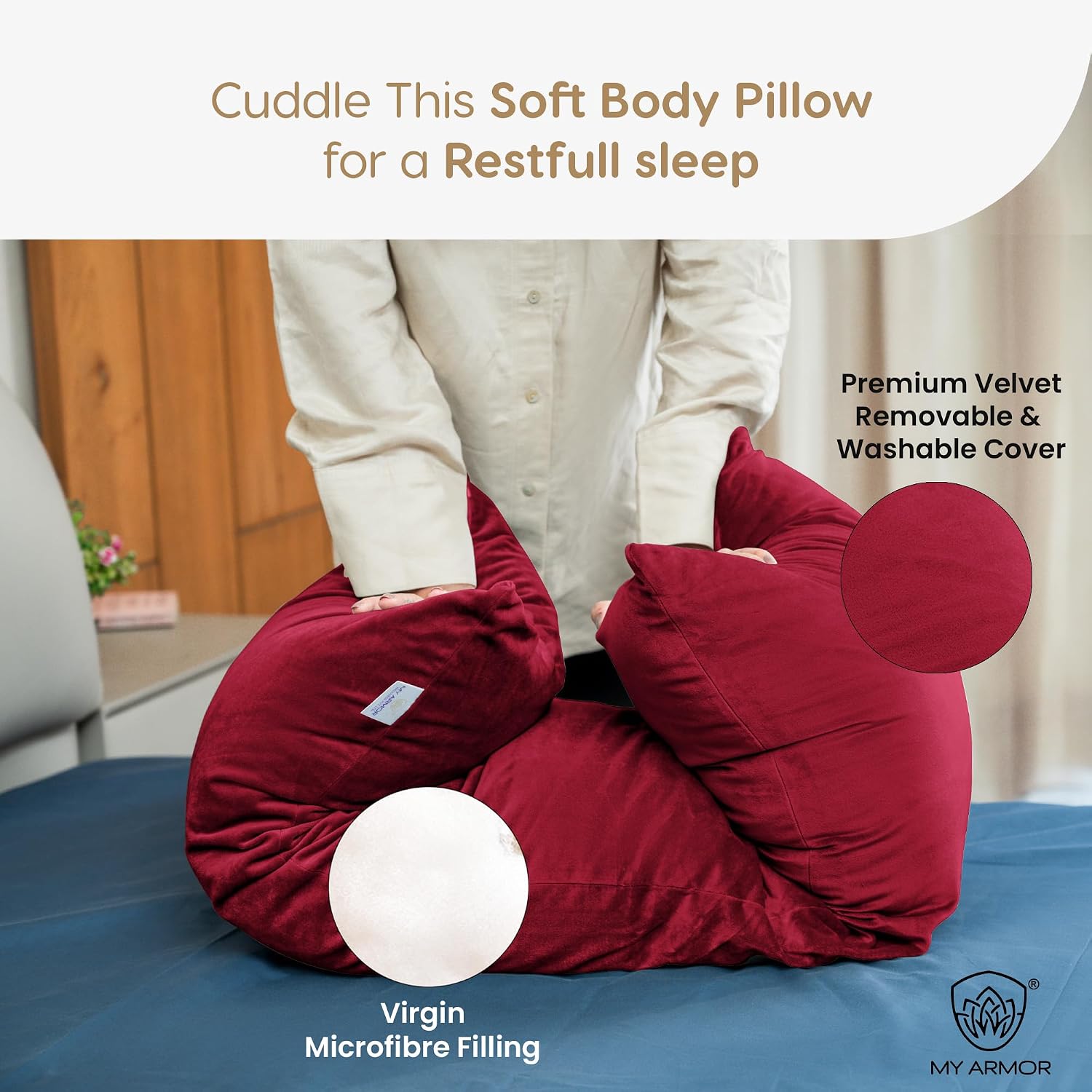Microfiber Body Side Pillow For Sleeping For Pregnancy, Maroon - 53 X 16 Inch | Long Cuddle Pillow For Hugging, Relaxing, Washable, Premium Velvet Outer Cover, Total Body Support