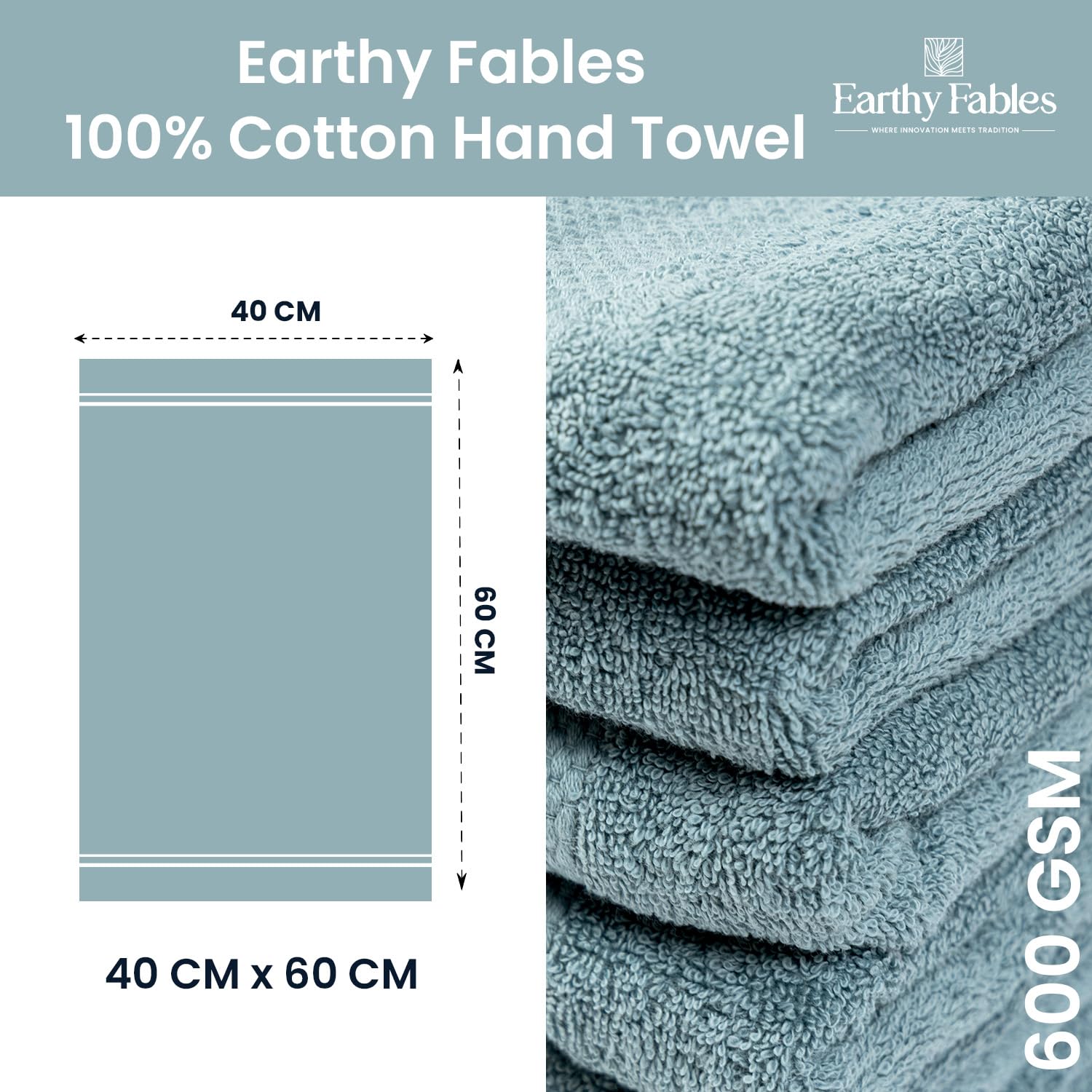Earthy Fables Premium Hand Towels 600 Gsm | 100% Combed Cotton Ultra Soft Quick Dry & Highly Absorbent, For Home, Gym & Travel | Set Of 2 (Aqua)