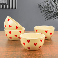 Hand Painted Ceramic Dining Bowls Set Of 4 - 350ml Each, Off White & Red | Vegetable & Dessert Serving Bowls - Ceramic Katoris