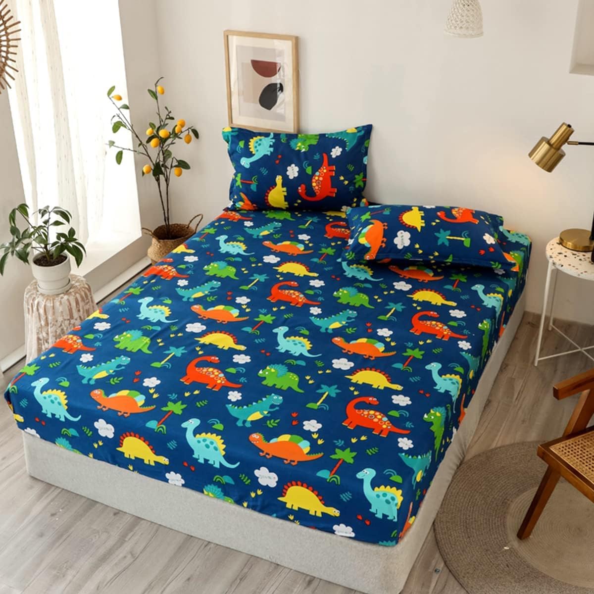 Cartoon Printed Double Bedsheet For Kids With 2 Pillow Cover - 72 X 78 X 10 Inches, Dark Blue | Cotton Feel All Around Elastic Fitted King Size Double Bed