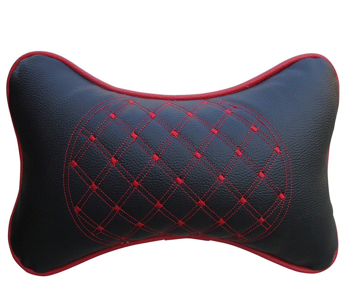 Faux Leather Car Neck Rest Pillow, Pillow Compatible With All Cars - Black, With Red Embroidery | Neck & Head While Driving Pillow For Neck Pain Relief | Light Weight - Pack Of 2
