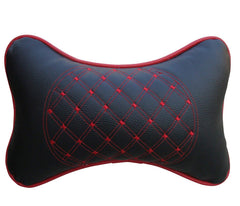 Faux Leather Car Neck Rest Pillow, Pillow Compatible With All Cars - Black, With Red Embroidery | Neck & Head While Driving Pillow For Neck Pain Relief | Light Weight - Pack Of 2