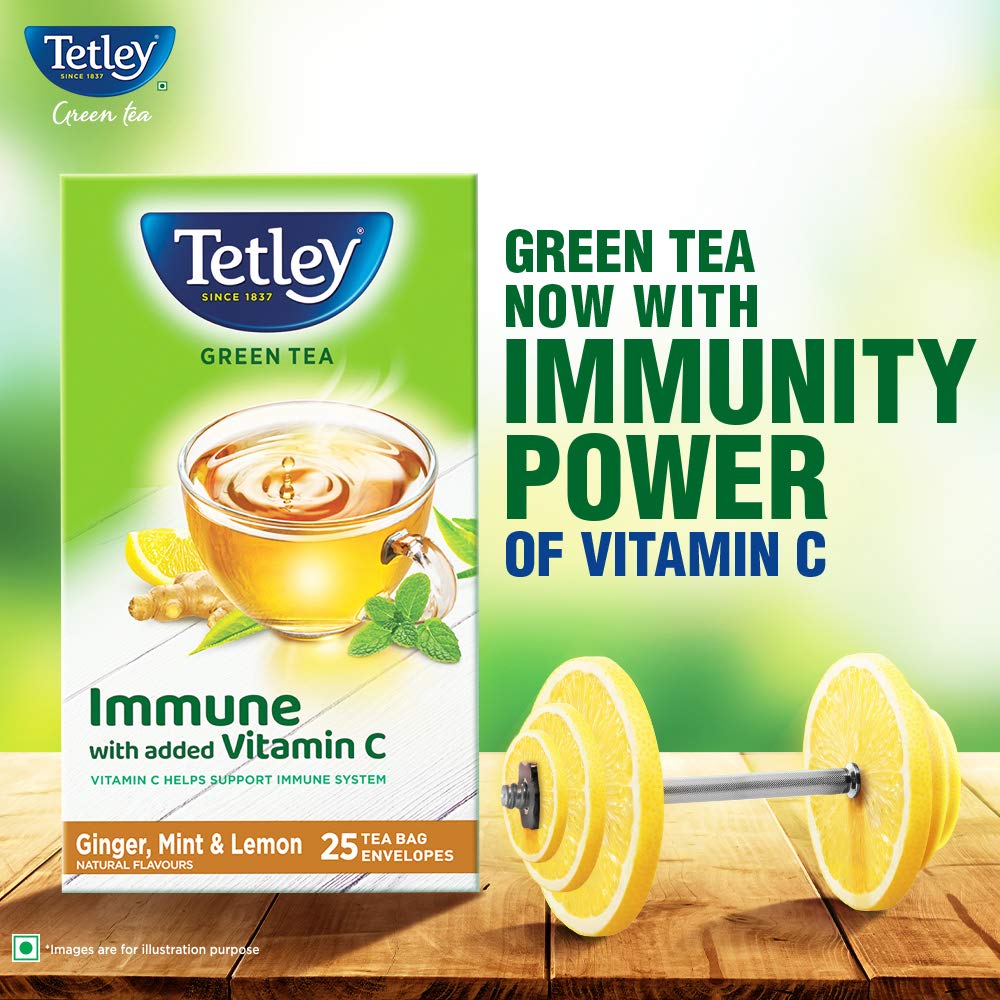 Tetley Ginger, Mint & Lemon Green Tea - 25 Tea Bags Envelopes | Immune With Added Vitamin C - Rich In Antioxidants, Low Caffeine