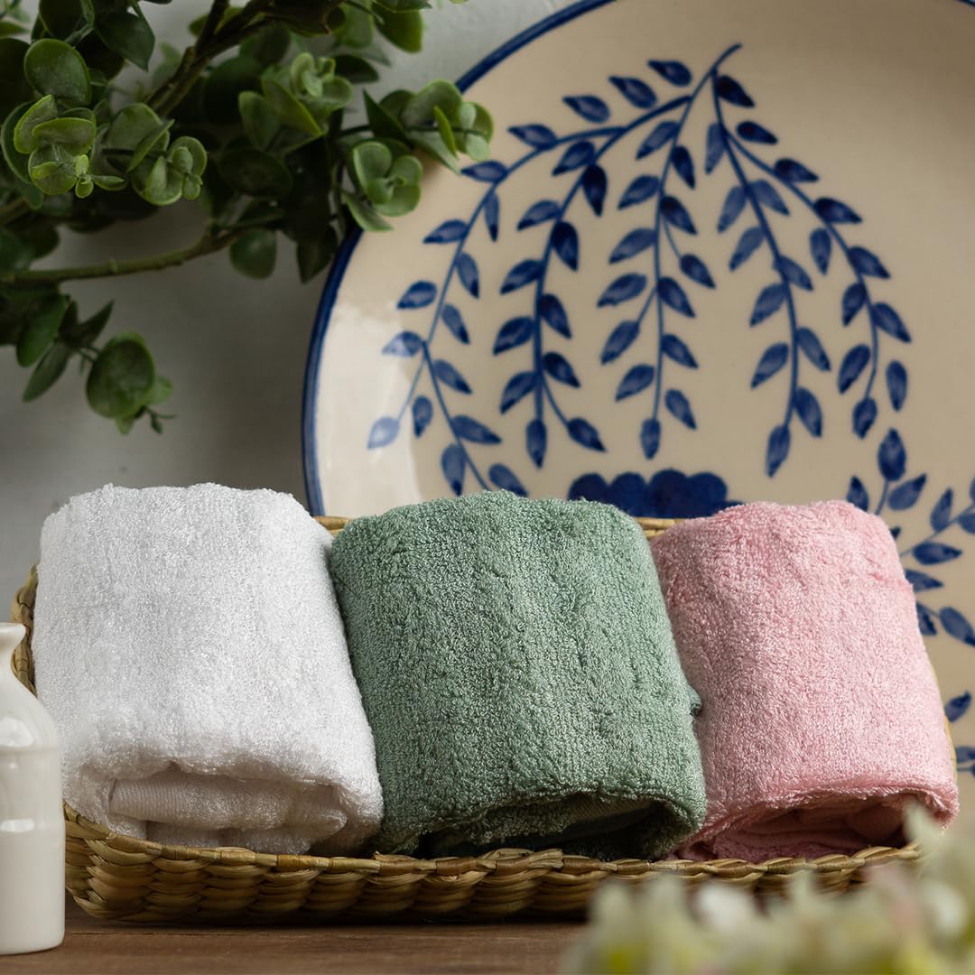 Mush Bamboo Face Towel Set 550 Gsm | Soft Absorbent Small Towels For Face & Hand | Set Of 12 - Green, Pink & White