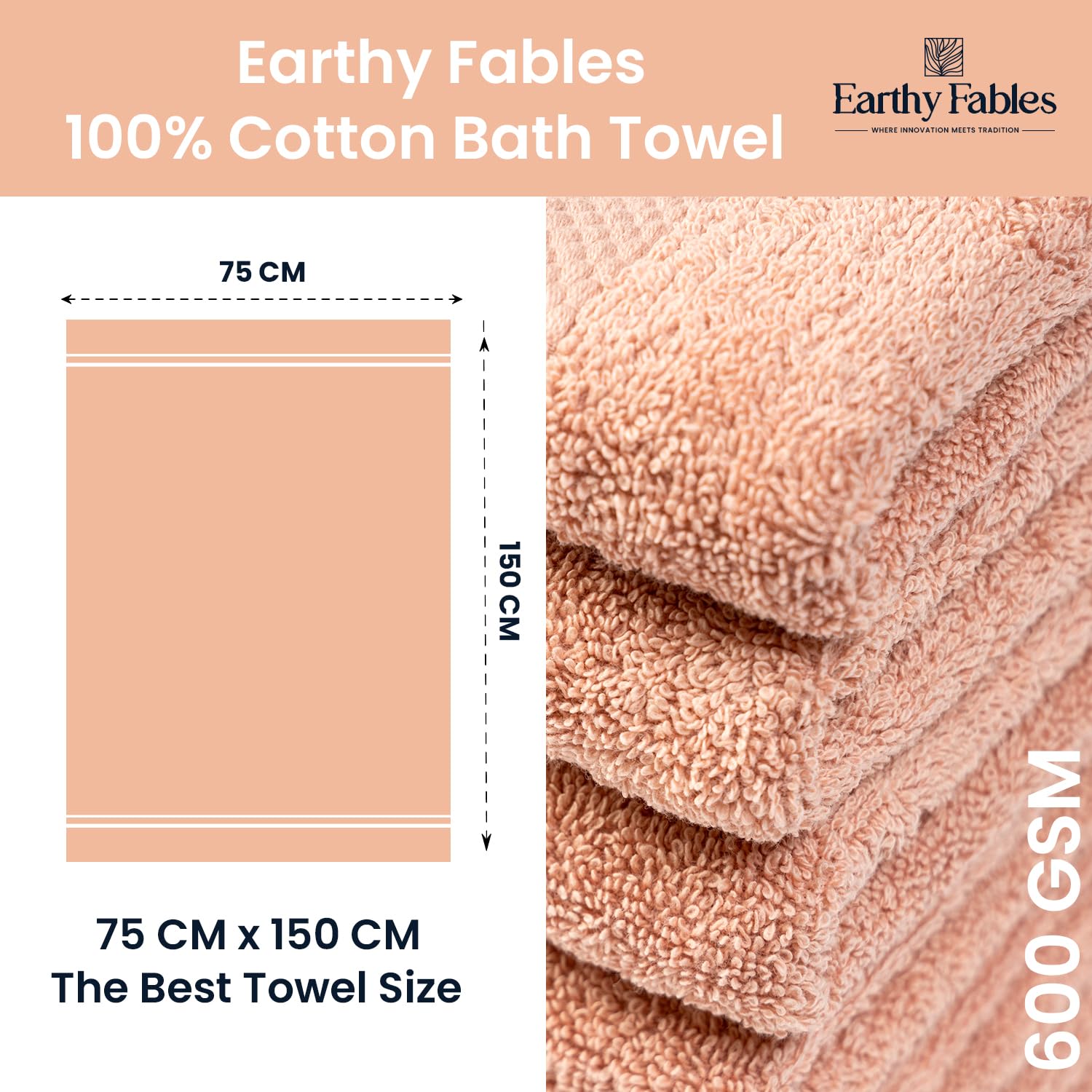 Earthy Fables Premium Bath Towel 600 Gsm | 100% Combed Cotton Ultra Soft, Quick Dry & Highly Absorbent For Home, Travel And Acne-Prone Skin (Peach) Set Of 2