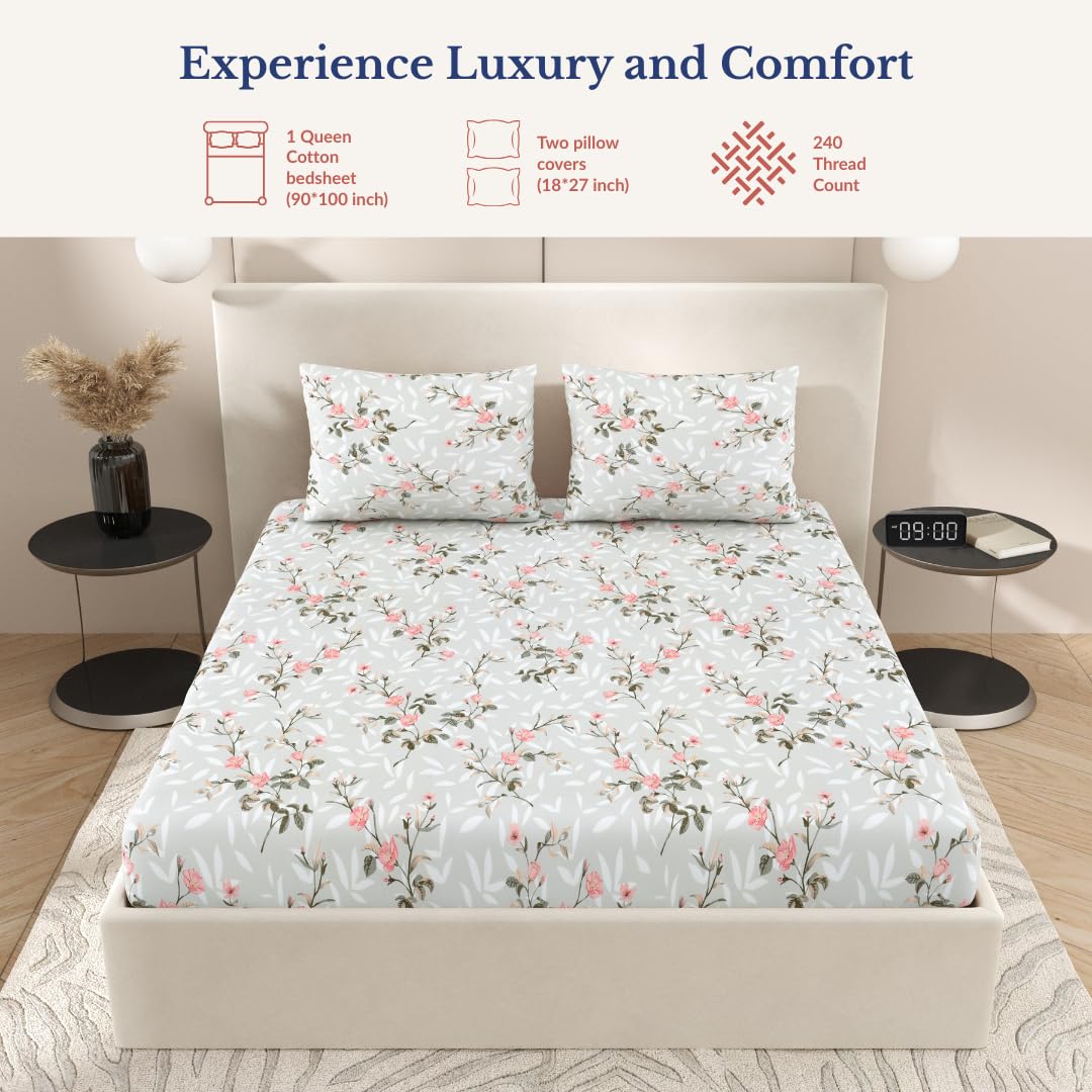 Queen Size Pure Cotton Bedsheet With 2 Pillow Covers | 90 × 100 Inches, Grey & Pink | Soft Breathable Floral Design Bedding | Comfortable Sleep All Year