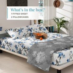 Printed Cotton Fitted Bedsheet For Double Bedsheet With 2 Pillow Covers, Bedding Set - 72x78 Inches, White | Sateen Weave Queen Size Bed Sheet, 12" Deep Pocket- 1 Elastic Fitted Bed Sheet