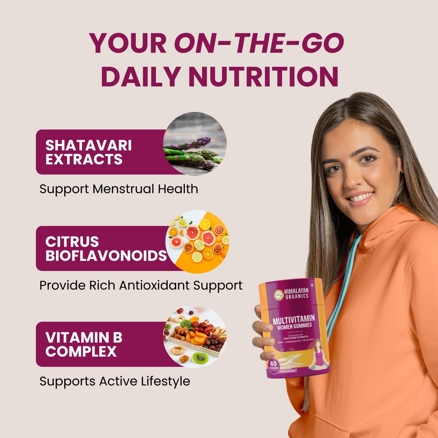 Himalayan Organics Multivitamin Gummies With Shatavari With Biotin, Vitamins , Magnesium, Iron, Zinc - Gummies For Women | 60 Gummies , 300gm 0.66lbs
