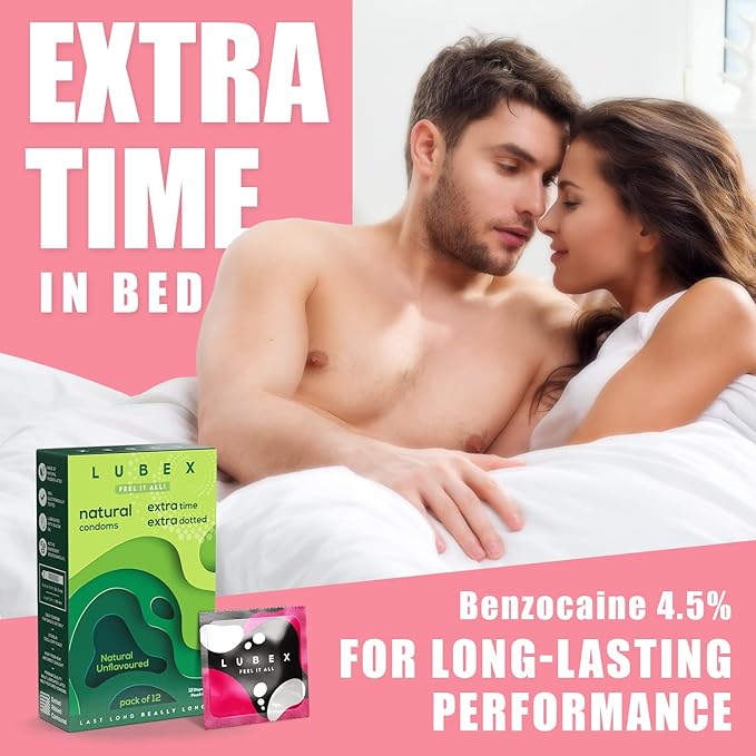Lubex 6 In 1 Extra Time Condoms - Long Lasting With Ultra Thin & Extra Dotted - 36 Condom Pack Of 3