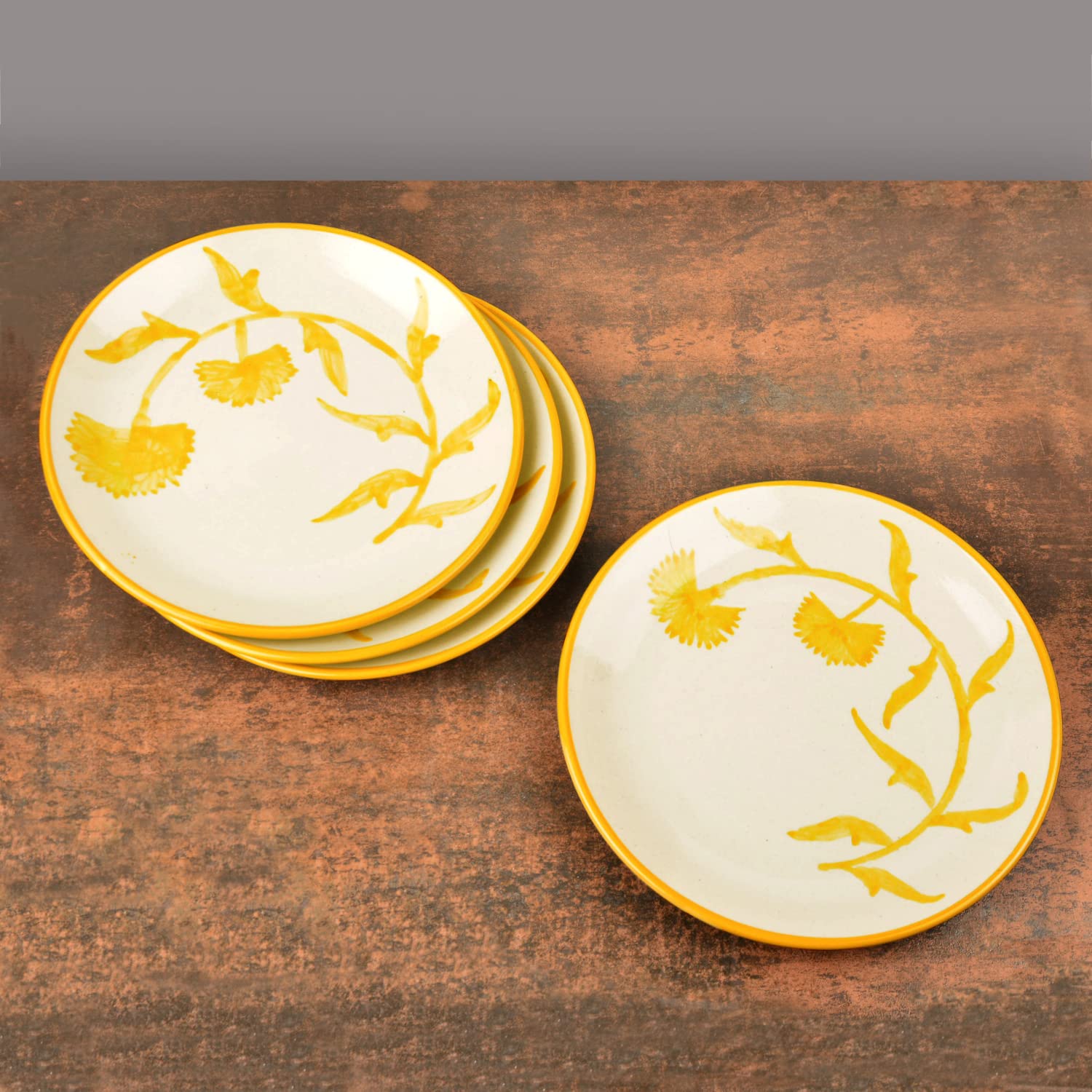 Hand Painted Ceramic Floral Dinner Serving Plates Set Of 4 - Yellow & Off White, Diameter: 10 Inches | Full Plates - The Lucid Yellow Collection